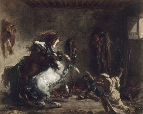 Framed Arab Horses Fighting in a Stable, 1860 Print