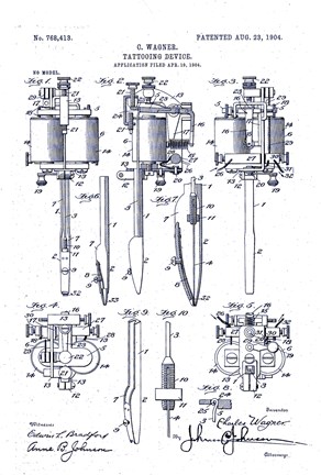Framed Electric Tattooing Device, Charles Wagner, 1904 Print