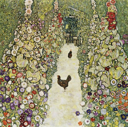 Framed Garden Path with Hens, 1916 Print