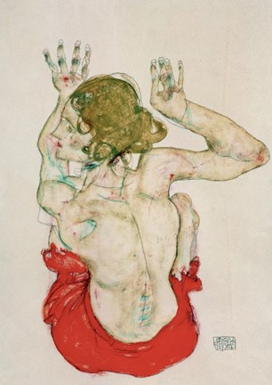 Framed Female Nude Seated On Red Drapery, 1914 Print