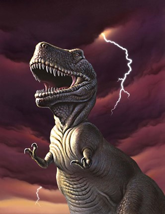 Framed Tyrannosaurus Rex in a Storm Print