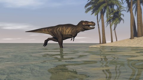 Framed Tyrannosaurus Rex Hunting in Water Print