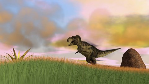 Framed Tyrannosaurus Rex in Grasslands Print