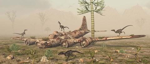 Framed Velociraptors and a B-17 Print