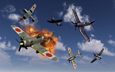 Framed F4U Corsair and Japanese Nakajima Planes Print