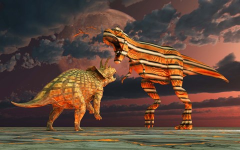 Framed Robotic T Rex &amp; Triceratops Battle Print