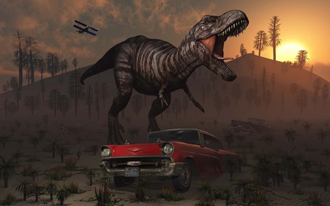 Framed Dinosaur and Classic Car Print