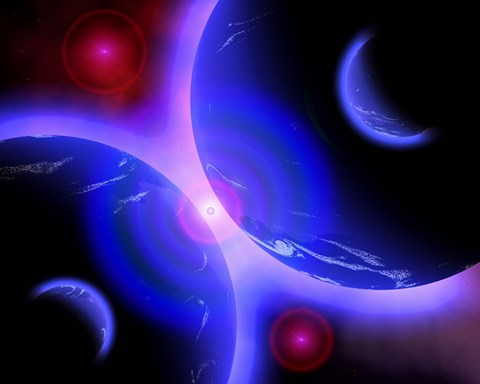 Framed Red Stars and Blue Planets Print