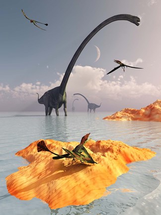 Framed Sauropod Omeisaurs and Flying Eudimorphodons Print