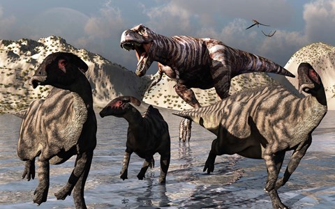 Framed Tyrannosaurus Rex and a Parasaurolophus Duckbill Print