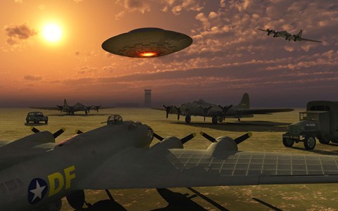 Framed Alien UFO Flying over an American Airbase Print
