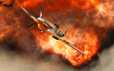 Framed British Supermarine Spitfire Bursting through Flames Print