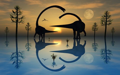 Framed Omeisaurus Dinosaurs in Courtship Rituals Print