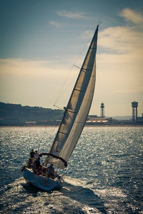 Framed Spain, Barcelona Sailboat on the Balearic Sea just off the Coast Print