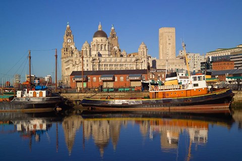 Framed Liver Building and Tug Boats from Albert Dock, Liverpool, Merseyside, England Print
