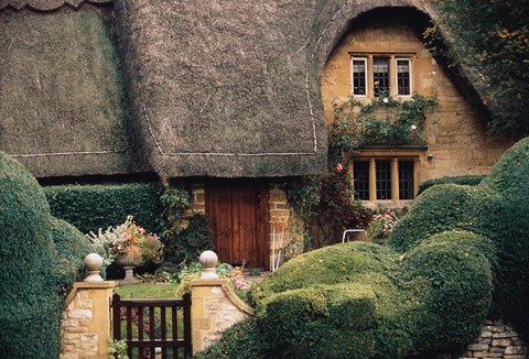Framed Thatched Roof Home and Garden, Chipping Campden, England, Print