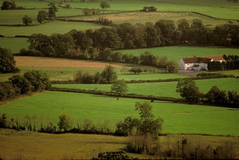 Framed View of Farmlands from Glastonbury Tor, Glastonbury, Somerset, England Print