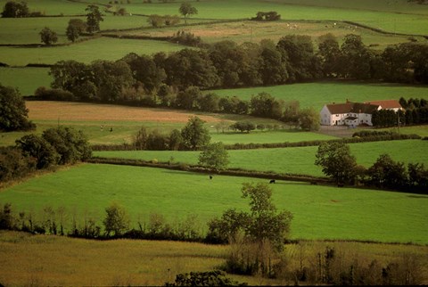 Framed View of Farmlands from Glastonbury Tor, Glastonbury, Somerset, England Print