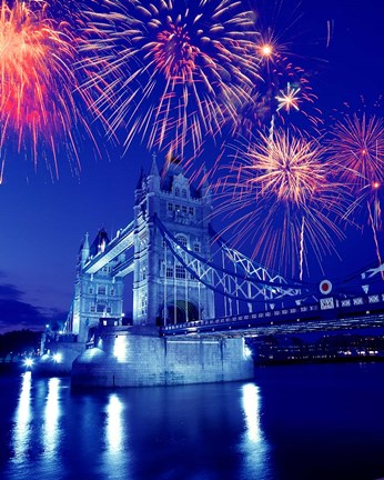 Framed Fireworks over the Tower Bridge, London, Great Britain, UK Print