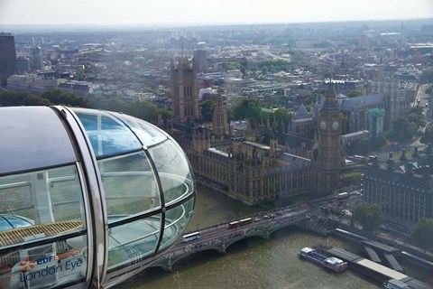 Framed London Eye as it passes Parliament and Big Ben, Thames River, London, England Print