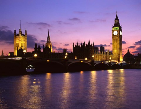 Framed Big Ben, Houses of Parliament and the River Thames at Dusk, London, England Print