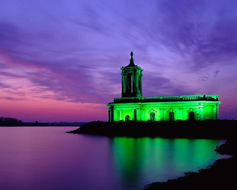 Framed Church at Rutland Water at Sunset, Leicestershire, England Print