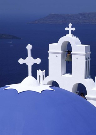 Framed Dome and Crosses of Greek Church, Santorini, Greece Print
