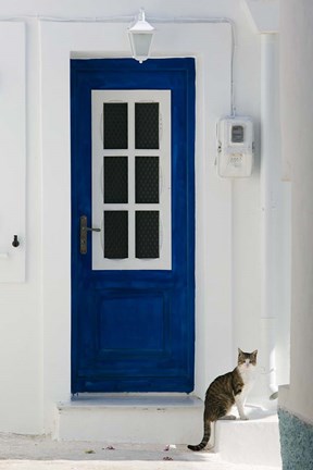 Framed Village Door with Cat, Kokkari, Samos, Aegean Islands, Greece Print