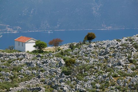 Framed Agia Sofia Church and Ithaki Landscape, Karia, Kefalonia, Ionian Islands, Greece Print
