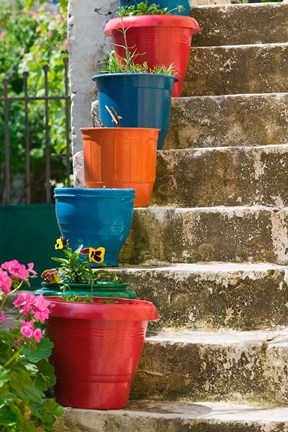 Framed Staircase with Flower Planters, Fiskardo, Kefalonia, Ionian Islands, Greece Print