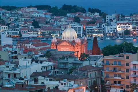 Framed Waterfront View of Southern Harbor and Agios Therapon Church, Lesvos, Mytilini, Aegean Islands, Greece Print