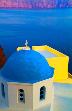 Framed Beautiful Church with Blue Roof, Oia, Santorini, Greece Print