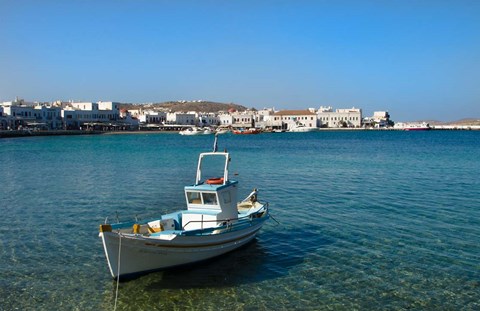 Framed Mykonos, Greece Boat off the island with view of the city behind Print