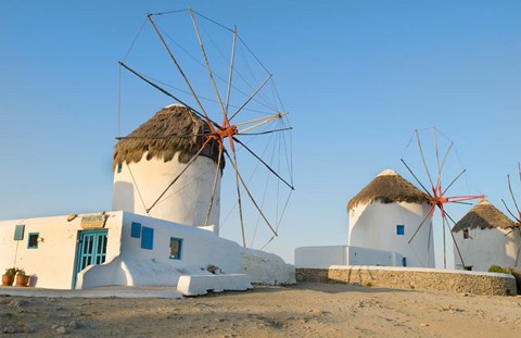 Framed Mykonos, Greece Famous five windmills at sunrise Print
