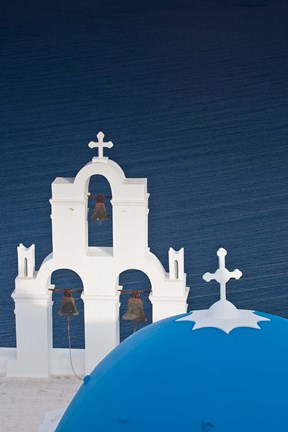 Framed Greece, Santorini, Firostefani, Bell Tower, Domes Print