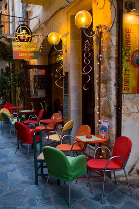 Framed Outdoor Cafe Seating, Chania, Crete, Greece Print