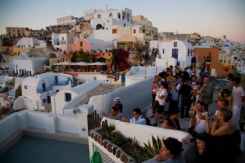 Framed Sunset and The Tourists, Oia, Santorini, Greece Print