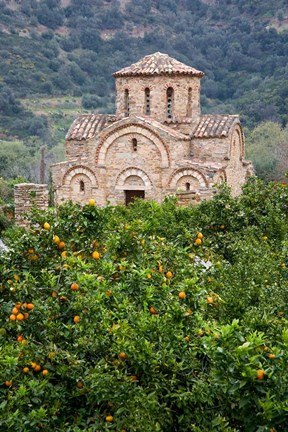 Framed Byzantine church near Fodele, Grove of orange trees and Church of the Panayia, Crete, Greece Print