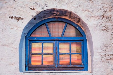 Framed Window with sunset reflection, Mykonos, Greece Print