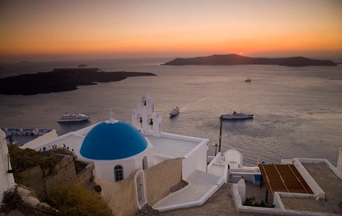 Framed Blue Domed Church and Bell Tower, Fira, Santorini, Greece Print