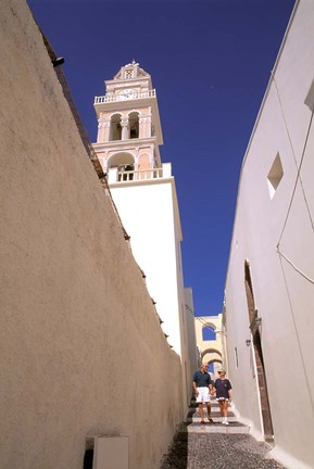 Framed Couple Walking Down Steps, Santorini, Greece Print