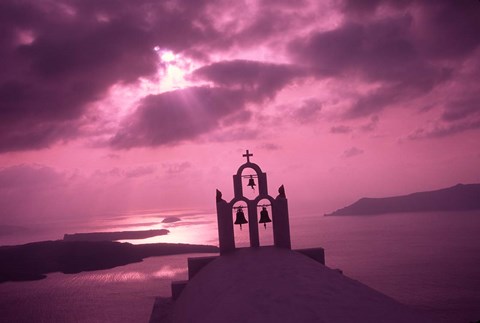 Framed Church Steeple with Evening Rays, Santorini Island, Greece Print