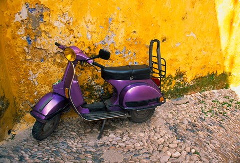 Framed Vespa and Yellow Wall in Old Town, Rhodes, Greece Print