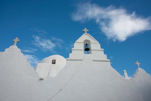 Framed Greece, Cyclades, Mykonos, Hora Church rooftop with Bell Tower Print