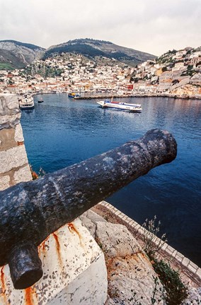 Framed Cannon, hydrofoil boat, harbor, Hydra Island, Greece Print