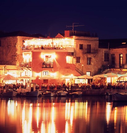 Framed Harborside Restaurants at Night, Old Town, Rethymnon, Western Crete, Greece Print