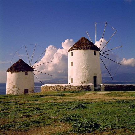 Framed Greece, Mykonos White-washed Windmills Print