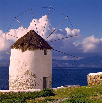 Framed Greece, Mykonos, Windmill looks over Azure Sea Print