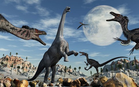 Framed Lone Camarasaurus Dinosaur is Confronted by a Pack of Velociraptors Print