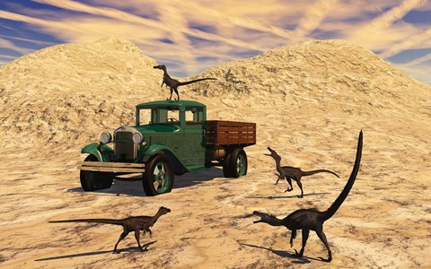 Framed Velociraptors React Curiously to a 1930&#39;s American Pickup Truck Print